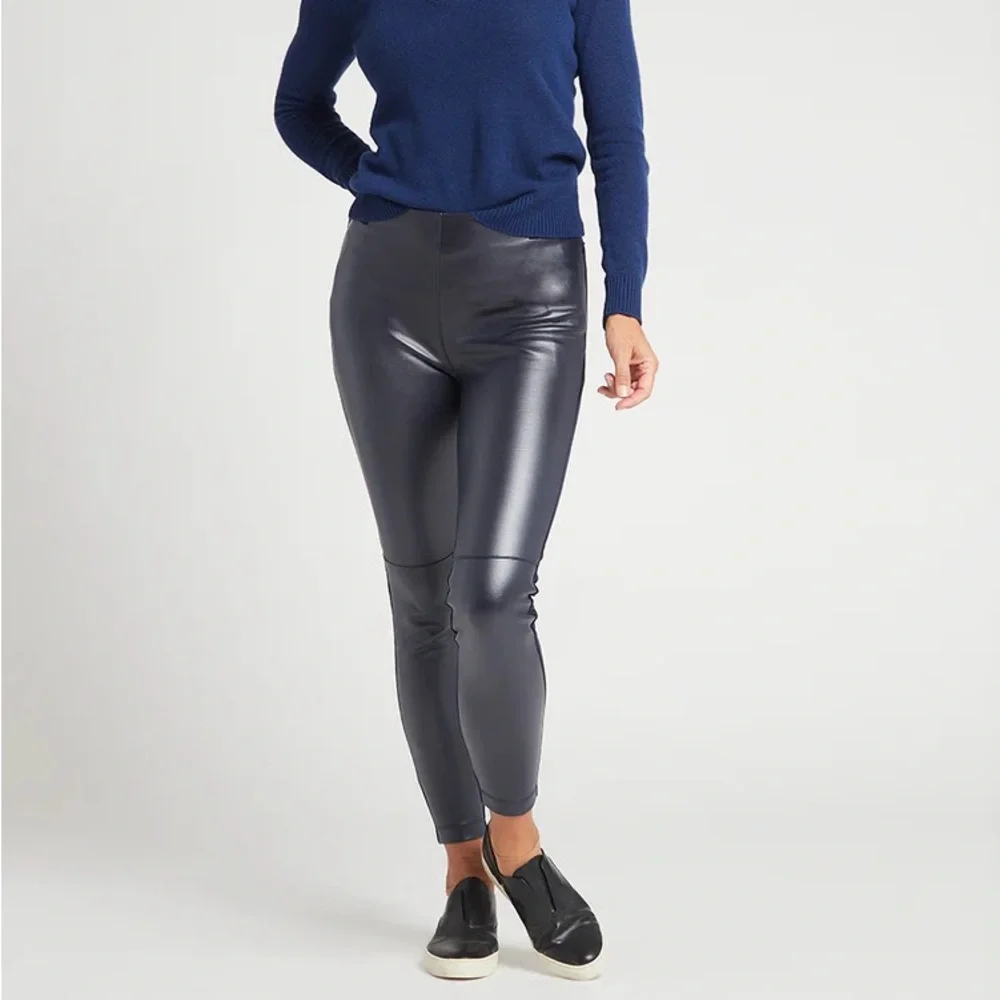 Betabrand Skinny-Leg Jett Dress Pant Yoga Pants Faux Leather Dark Blue LONG L